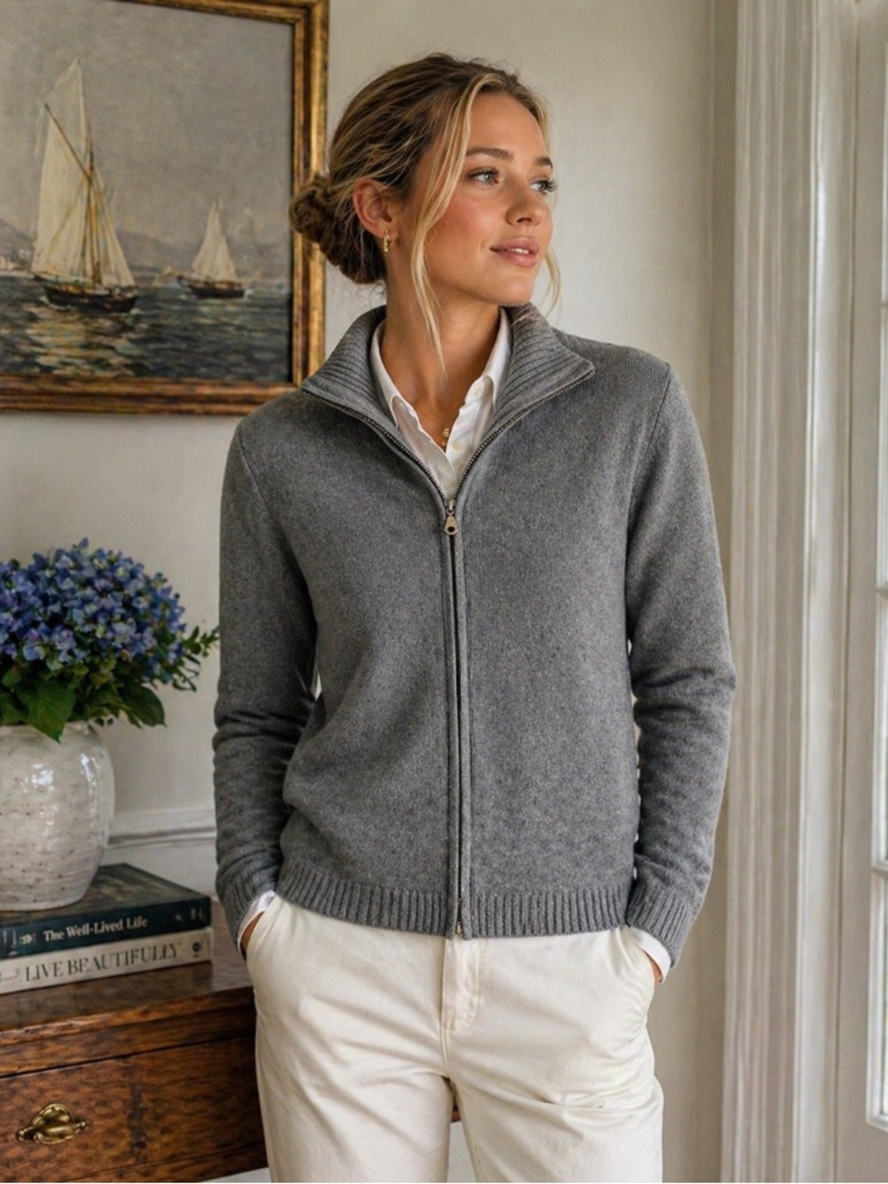 Croft & Barrow Gray Full Zip Cotton Sweater Cardigan Mock Neck Size Medium